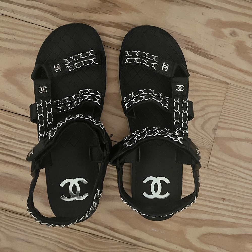 Chanel Silver Chain Velcro Sandals size 39.5